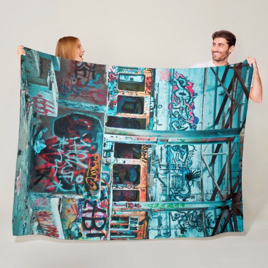 Blue Street Art Graffiti Fleece Blanket (In situ)