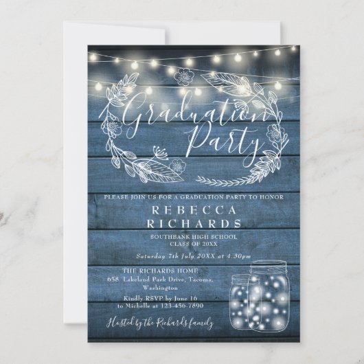 Blue String Lights Mason Jars Graduation Party Kaart (Voorkant)
