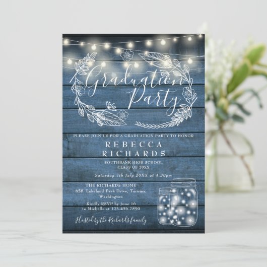 Blue String Lights Mason Jars Graduation Party Kaart (Staand voorkant)