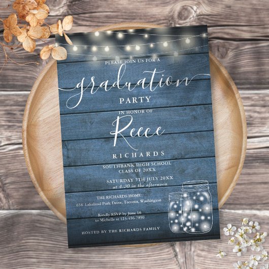 Blue String Lights Mason Jars Script Afstuderen Kaart