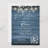 Blue String Lights Mason Jars Script Afstuderen Kaart (Voorkant)