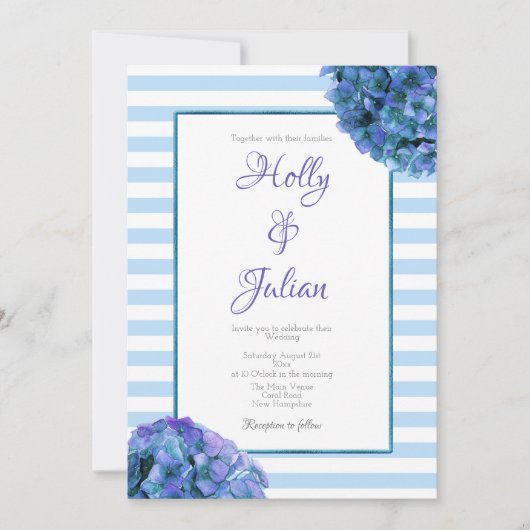Blue Stripe and Floral Wedding Invitation Kaart (Voorkant)