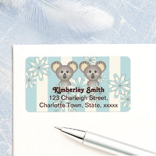 Blue Stripe Baby Koala Twin Kinder Return Address Etiket