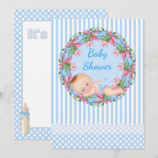 Blue Stripe Baby shower Invitation with Slaping Kaart (Voorkant / Achterkant)