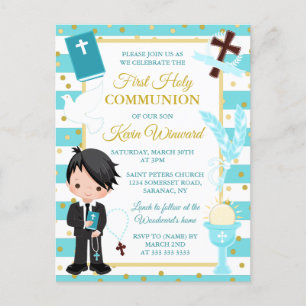 Blue Stripe Black Hair Boy First Heilige Communie Briefkaart