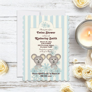 Blue Stripe Cute Koala Twin Boy Baby shower Kaart