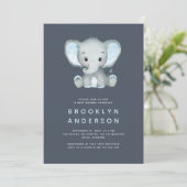 Blue Stripe Elephant Boy Baby shower Invitation Kaart (Staand voorkant)