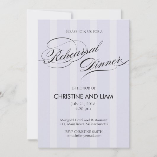 Blue Stripe Flourish Script Rehearsal Dinner Kaart (Voorkant)