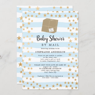 Blue Stripe + Gold Star Boy Baby shower per post Kaart