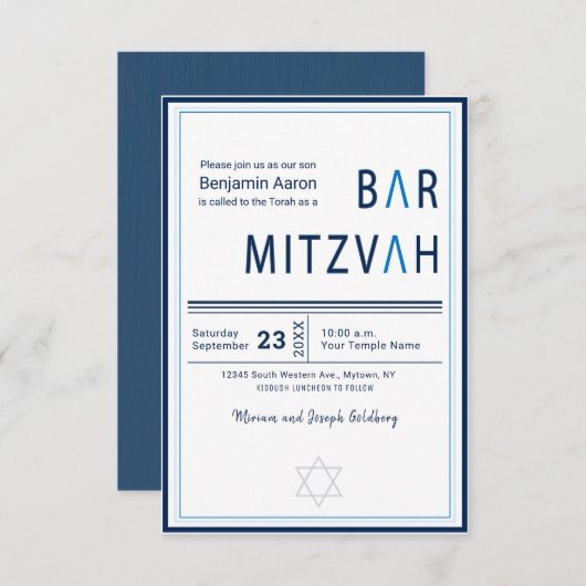Blue Stripe Modern Bar Mitzvah Invitation (Devant / Derrière)