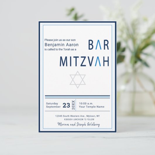 Blue Stripe Modern Bar Mitzvah Invitation (Debout devant)