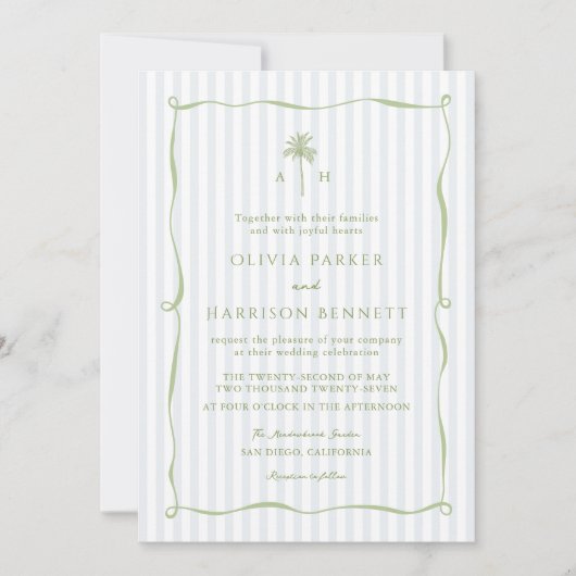 Blue Stripe Palm Tree Tropical Wedding Invitation (Devant)