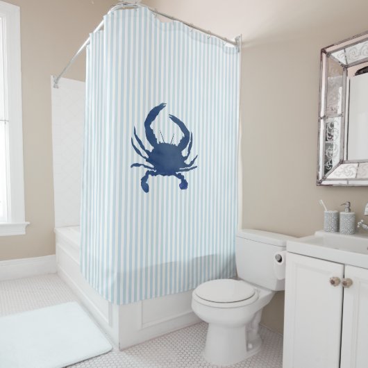 Blue Stripe Pattern Crab Kustdouchegordijn Douchegordijn (In situ)