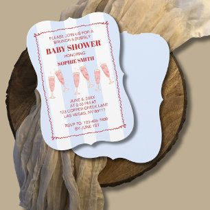 Blue Stripe Red Border Brunch & Bubbly Baby shower Kaart