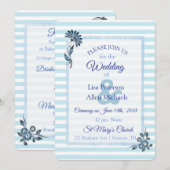Blue Striped Floral Wedding Invitation Kaart (Voorkant / Achterkant)
