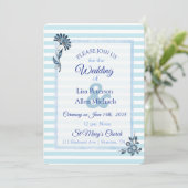Blue Striped Floral Wedding Invitation Kaart (Staand voorkant)