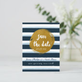 Blue Striped & Gold Foil Enregistrer La Date Carte (Debout devant)