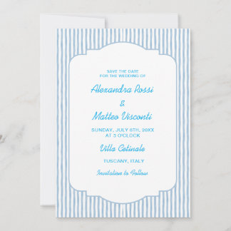 Blue Striped Save The Date Elegant Script Wedding Kaart