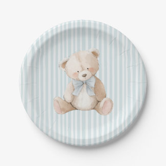 Blue Striped Teddy Bear Baby Birthday Paper Plates Papieren Bordje