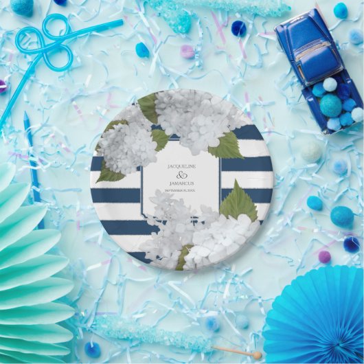 Blue Striped White Hydrangea Floral Wreate Papieren Bordje (Feest)