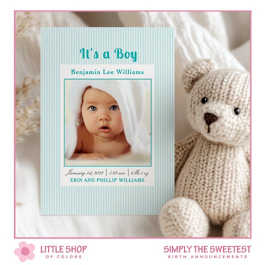 Blue Stripes Baby Boy Photo Faire-part de naissanc