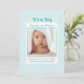 Blue Stripes Baby Boy Photo Faire-part de naissanc (Debout devant)