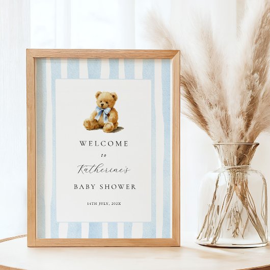Blue Stripes Bear Baby Shower Welcome Poster