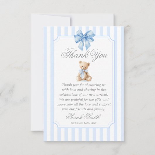 Blue Stripes Bear Grand millennial Bedankkaart (Voorkant)