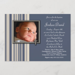 Blue Stripes Boy Foto Christening Invitations Kaart