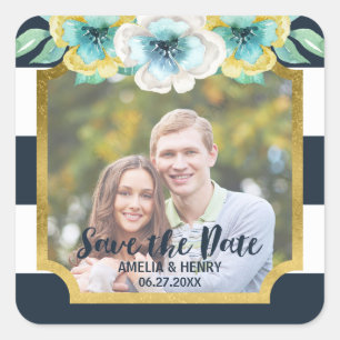 Blue Stripes Faux Gold Floral Save the Date Photo Vierkante Sticker