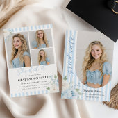 Blue Stripes Floral Graduation Invitation
