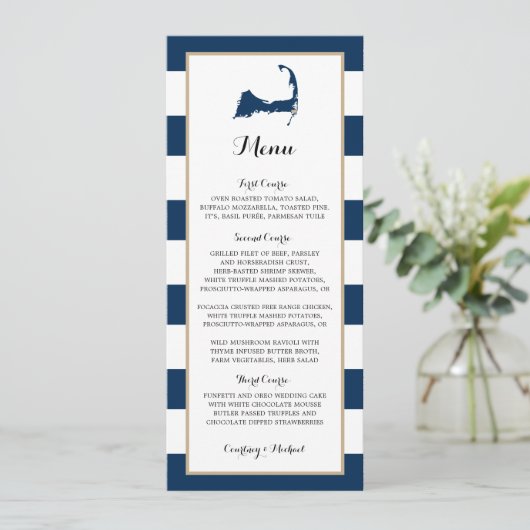 Blue Stripes Gold Chatham Cape Cod Menu Mariage (Debout devant)