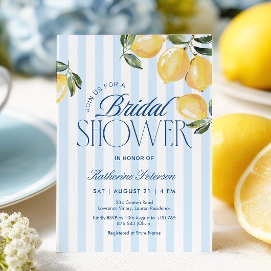 Blue Stripes Lemon Bridal Shower Invitation