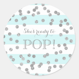 Blue Stripes Silver Confetti Ze is klaar om te Pop Ronde Sticker