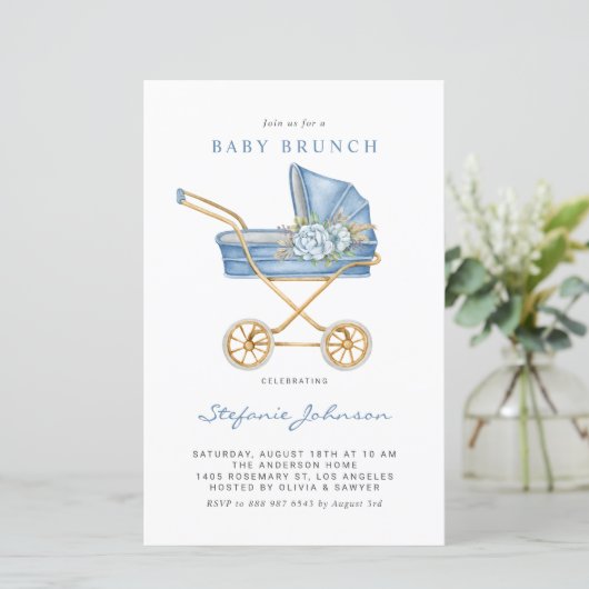 Blue  Stroller Baby Brunch Uitnodiging (Staand voorkant)