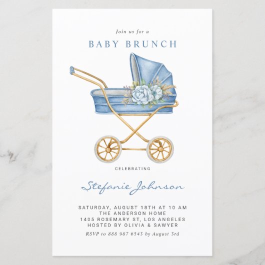 Blue  Stroller Baby Brunch Uitnodiging (Voorkant)