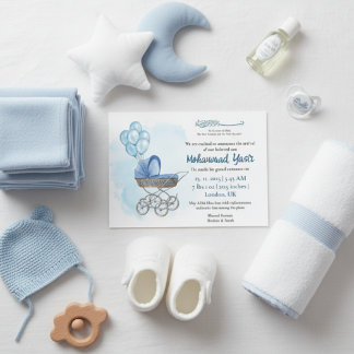 Blue stroller balloon muslim baby boy birth invita kaart