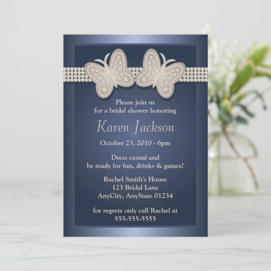 Blue Studded Butterfly Bridal Shower Invitations Kaart (Staand voorkant)