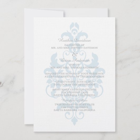 Blue Subtle Damask Wedding Invite Kaart (Voorkant)