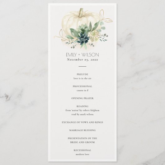 Blue Succulent Pumpkin Wedding Ceremony Programme Menu (Voorkant)
