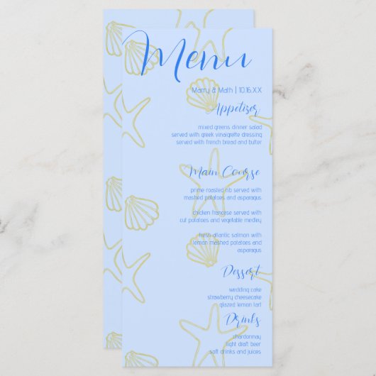 Blue Summer Sea Shell et Star Beach Wedding Menu (Devant / Derrière)