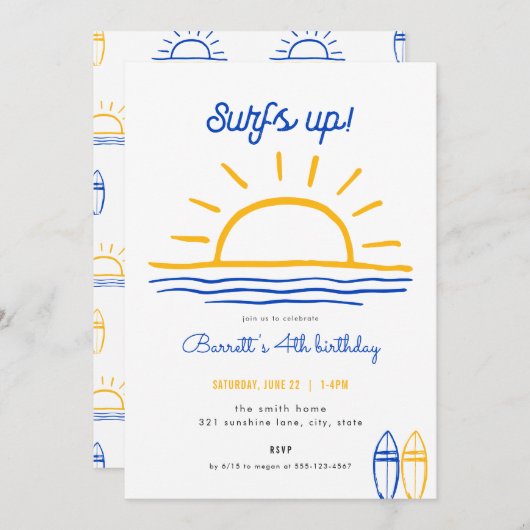Blue Summer Surfs Up Fête Anniversaire Invitation (Devant / Derrière)