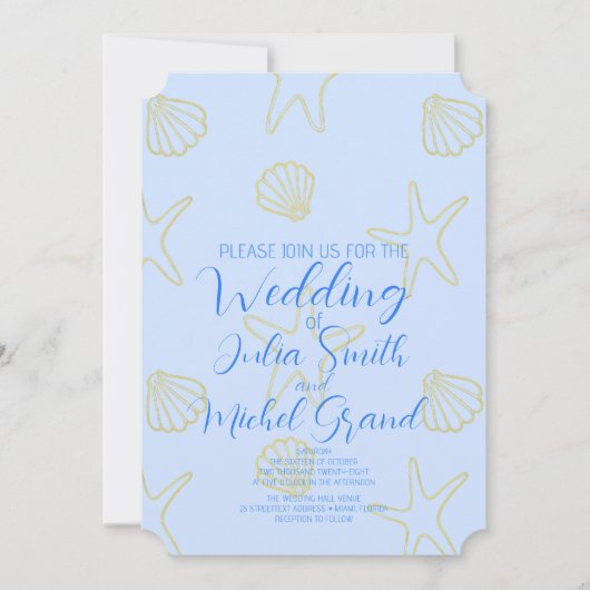 Blue Summer Zee Shell en Star Beach Wedding Kaart (Voorkant)