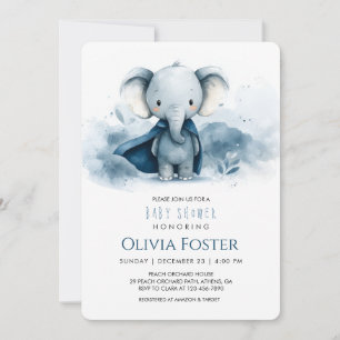 Blue Superhero Elephant Baby shower Kaart