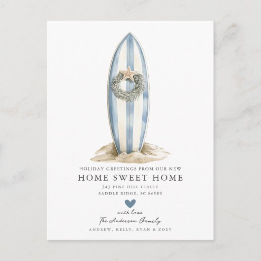 Blue Surfboard Kerstmis Verhuisaankondiging Aankondigingskaart (Voorkant)