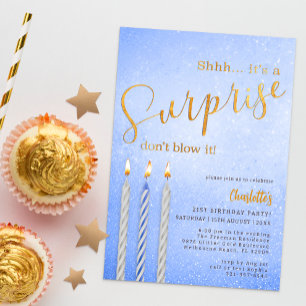 Blue Surprise verjaardagsuitnodiging - Gold Candle Kaart