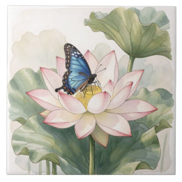  Blue Swallowtail Butterfly With Lotus Flower Art Tegeltje