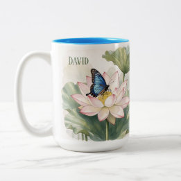 Blue Swallowtail Butterfly With Lotus Flower Name Tweekleurige Koffiemok