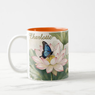Blue Swallowtail Butterfly With Lotus Flower Name Tweekleurige Koffiemok