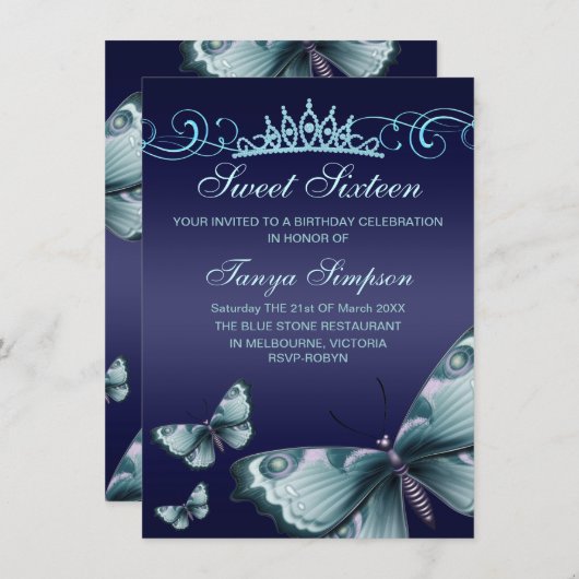 Blue Sweet16 Butterfly & Tiara Verjaardag Uitnodig Kaart (Voorkant / Achterkant)
